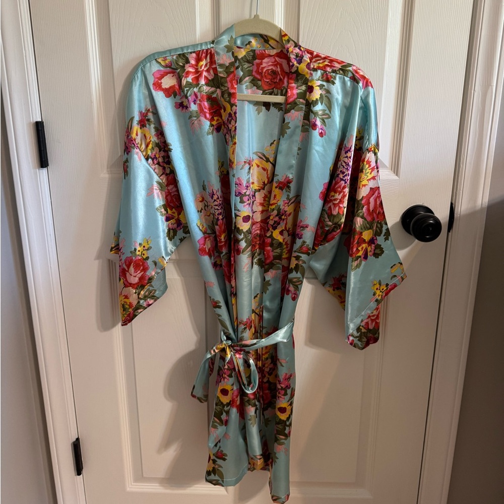 Floral Satin Kimono Robe - Blue and Pink